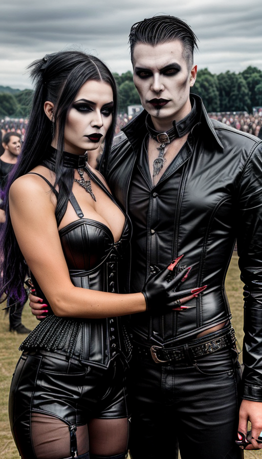 Bloodstock 2012 festival scene featuring a couple in gothic fashion, man in leather jacket, woman in corset, surrounded by fellow metal enthusiasts.