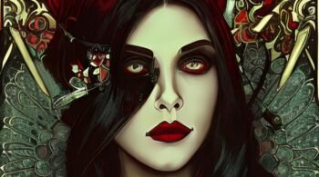 Portrait of the Crimson Sorceress with red and black attire, showcasing her dark magical prowess.
