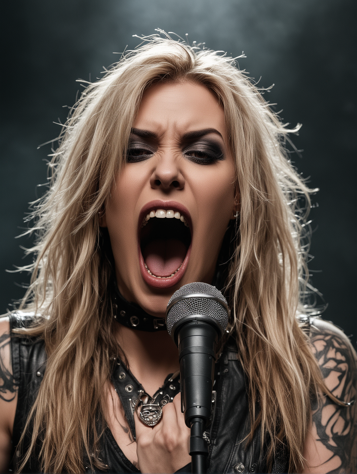 A female metal vocalist with blonde hair and tattoos, captured mid-scream with a fierce expression, wearing a leather outfit and a choker, singing into a microphone.