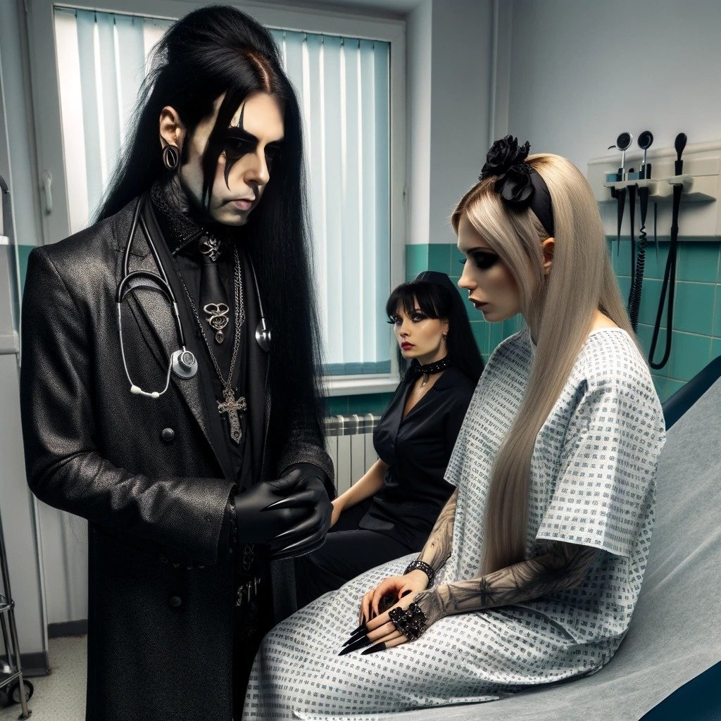 Evil gothic doctor with black face paint, standing beside a blonde woman in a grey medical gown, in a dark, candle-lit gothic medical room.