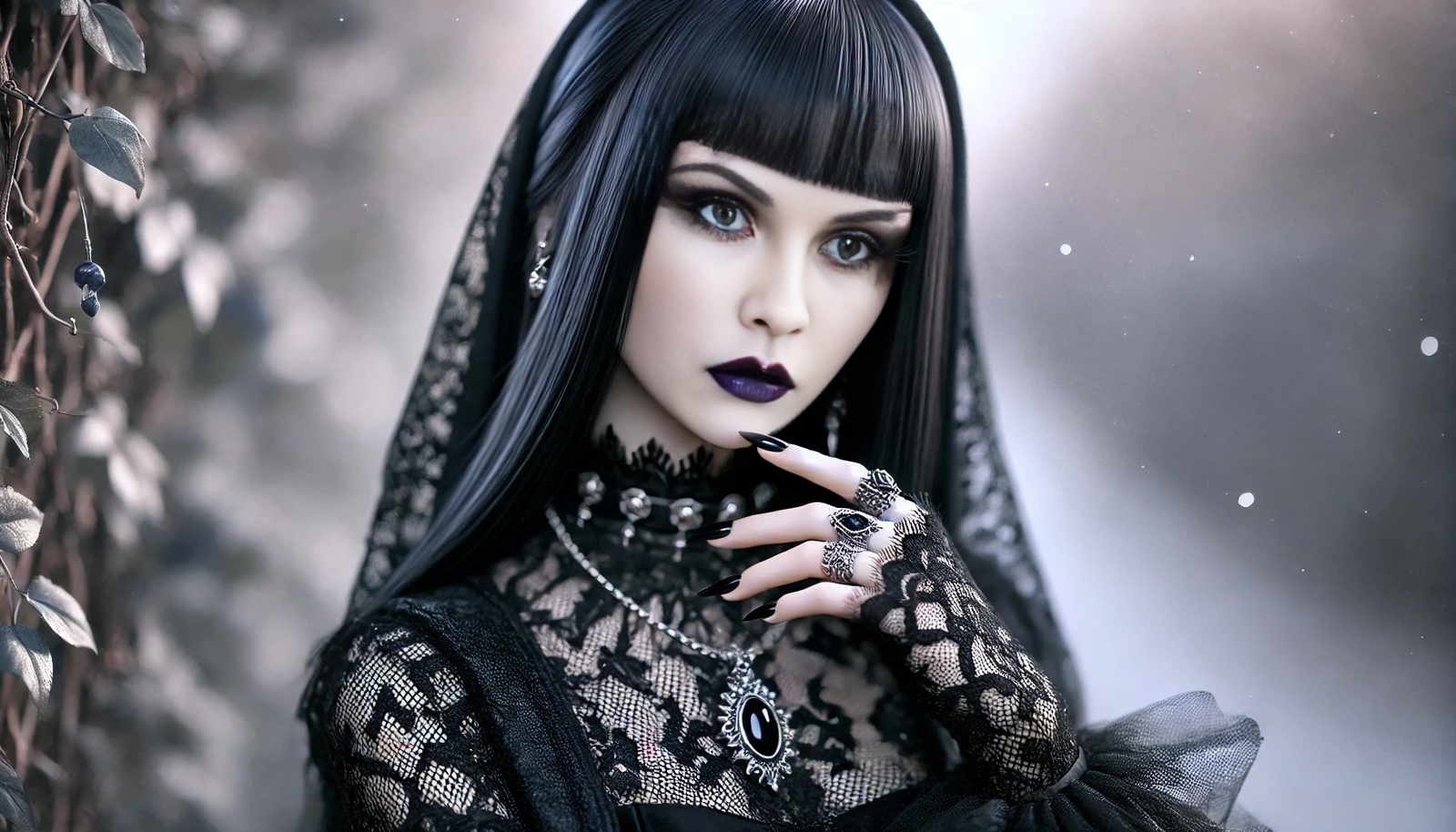 A gothic woman in a lace dress with dark makeup, standing in a mystical outdoor setting, representing the gothic atmosphere of Copenhell.