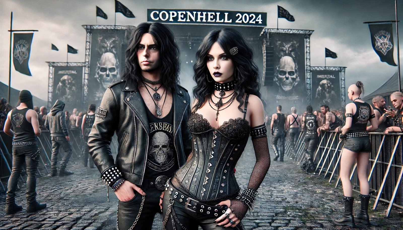 A gothic couple, dressed in black leather and adorned with spikes and chains, standing in front of the stage at Copenhell 2024 with other festival-goers in the background.