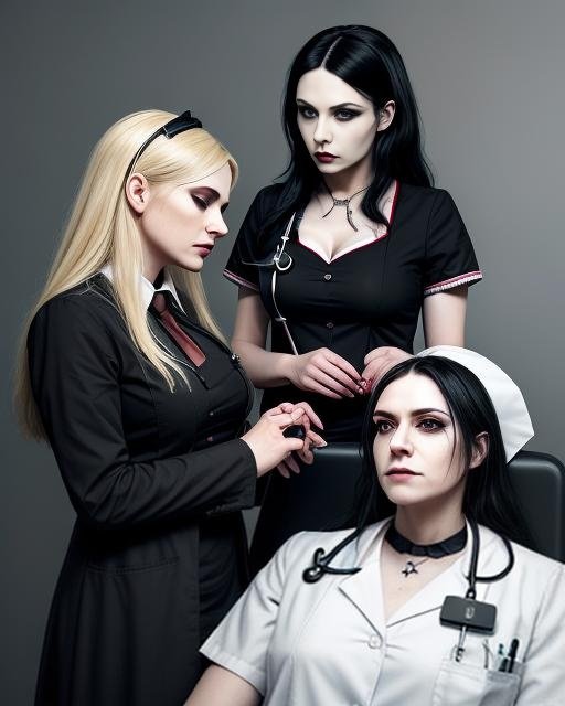 Three gothic doctors, two with black hair and one with blonde hair, in a clinical discussion.