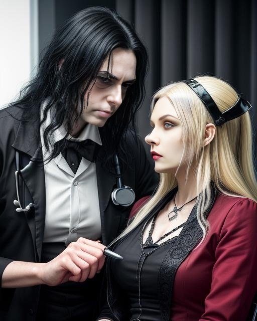 An evil gothic doctor with long black hair examines a blonde gothic patient in a medical office.