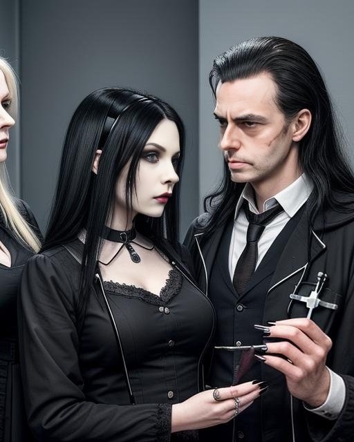 An evil gothic doctor holds a syringe while discussing with two gothic nurses in a medical setting.