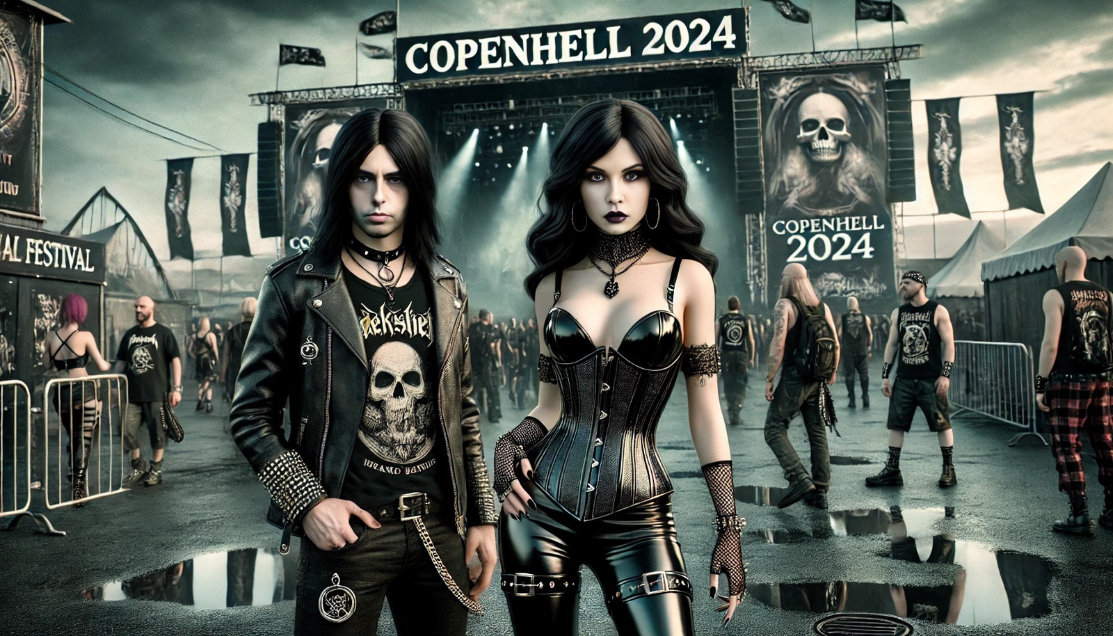 A gothic couple, the woman in a corset and leather pants and the man in a leather jacket, standing on the festival grounds of Copenhell 2024 with the stage in the background.