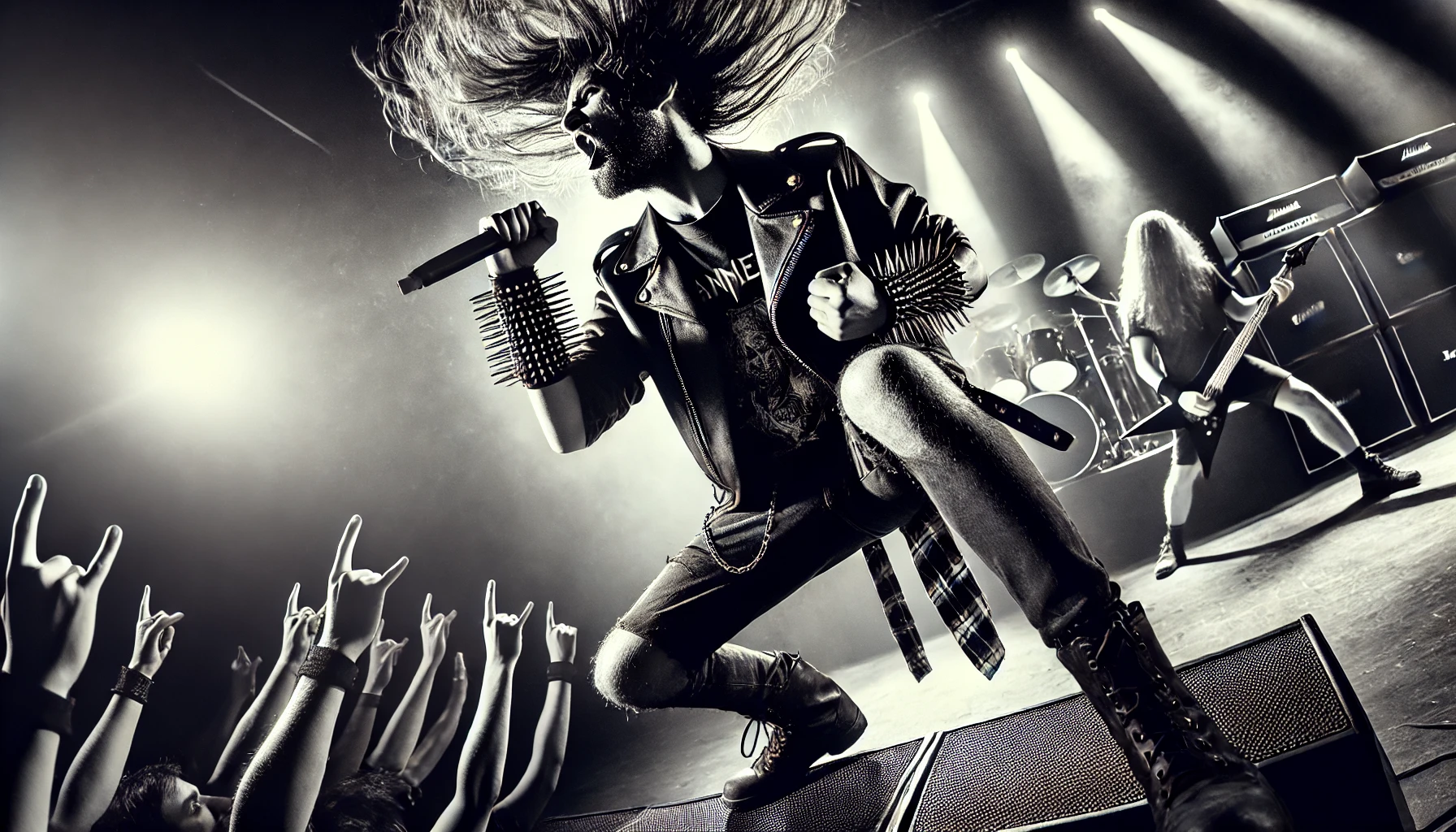 A dynamic image of a male metal vocalist on stage, showcasing a powerful performance with long hair flying wildly, wearing a leather jacket, band t-shirt, and spiked wristbands, with an intense and energetic concert atmosphere.