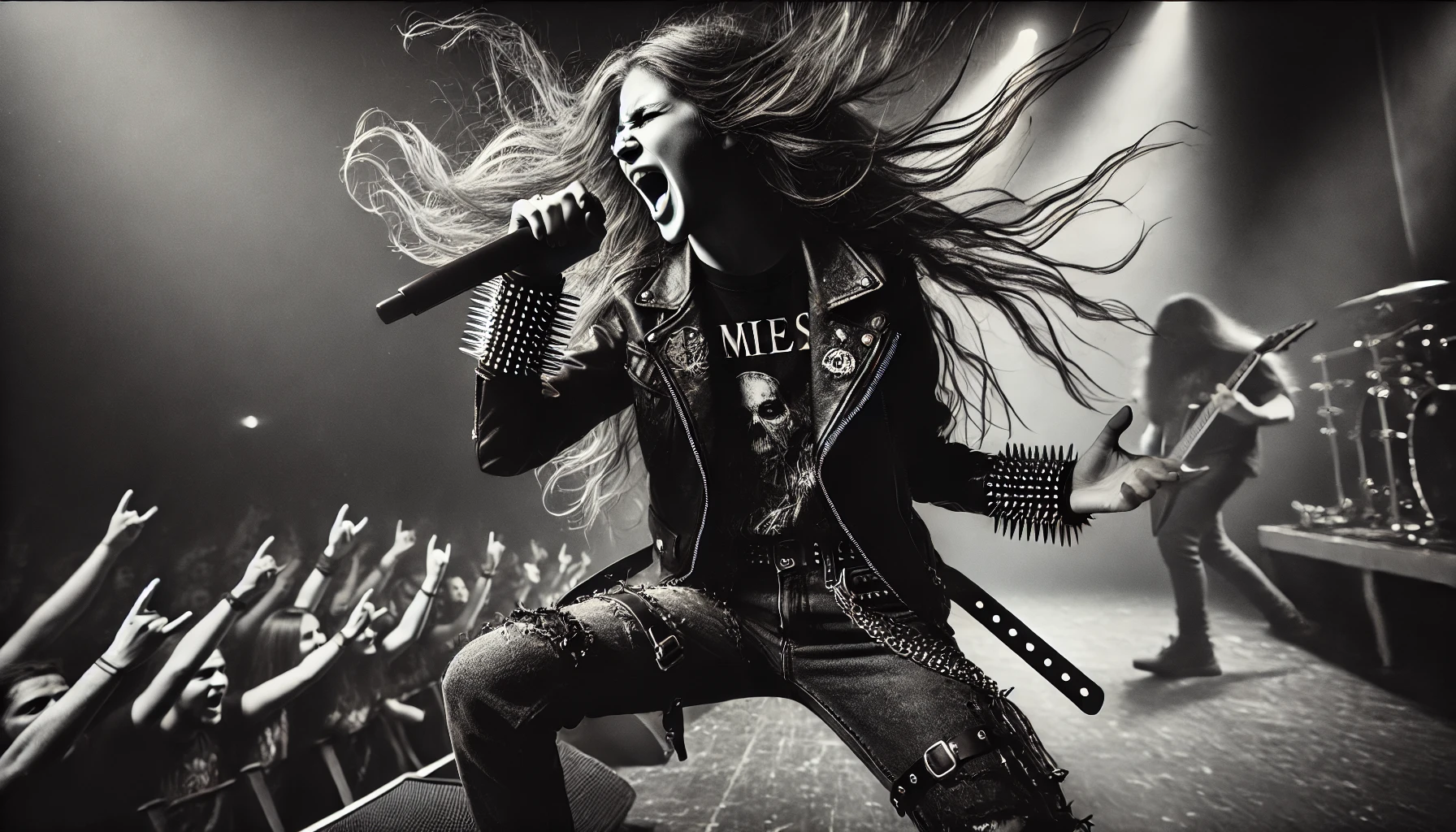 Vocalists with Insane Ranges: A powerful image of a female metal vocalist on stage, delivering a fierce performance with long hair flying wildly as she sings, wearing metal attire including a leather jacket and spiked wristbands.