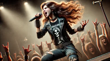A photorealistic image of a female metal vocalist performing on stage with long, wild hair and metal attire, including a leather jacket and spiked wristbands, captured mid-scream with a dramatic stage background."