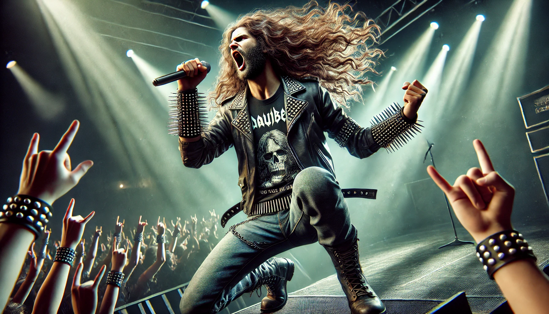 A photorealistic image of a male metal vocalist performing on stage with long, wild hair and metal attire, including a leather jacket and spiked wristbands, captured mid-scream with an energetic crowd and dramatic lighting.