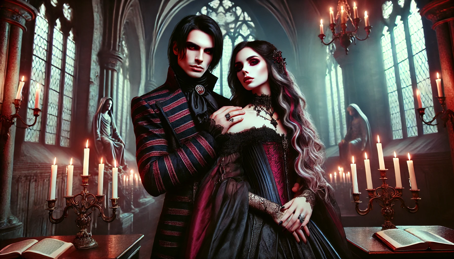 A gothic, vampiric couple standing together in a dimly lit cathedral, dressed in elaborate gothic attire, with tall arches and candlelit chandeliers, inspired by BlutEngel's song 'Bloody Pleasures