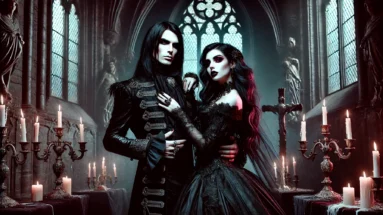 A darker, more intense image of a gothic, vampiric couple in a candlelit cathedral, surrounded by gothic architecture, inspired by BlutEngel's song 'Bloody Pleasures'