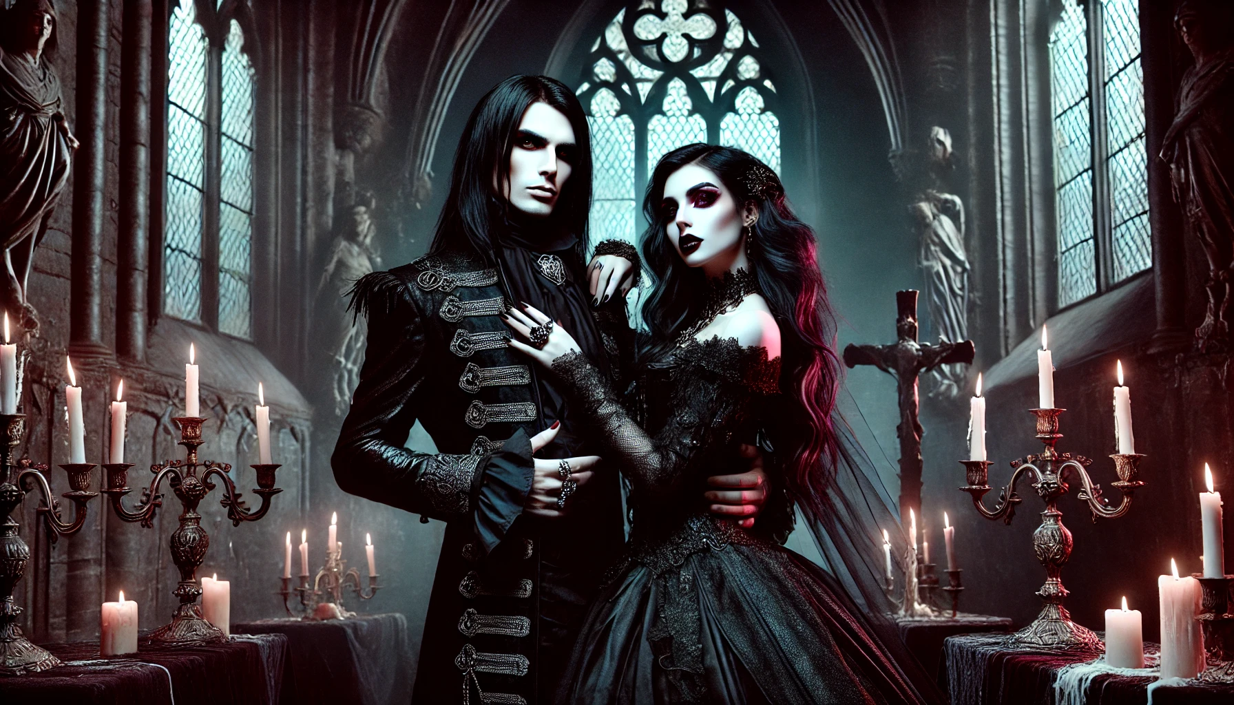 A darker, more intense image of a gothic, vampiric couple in a candlelit cathedral, surrounded by gothic architecture, inspired by BlutEngel's song 'Bloody Pleasures'