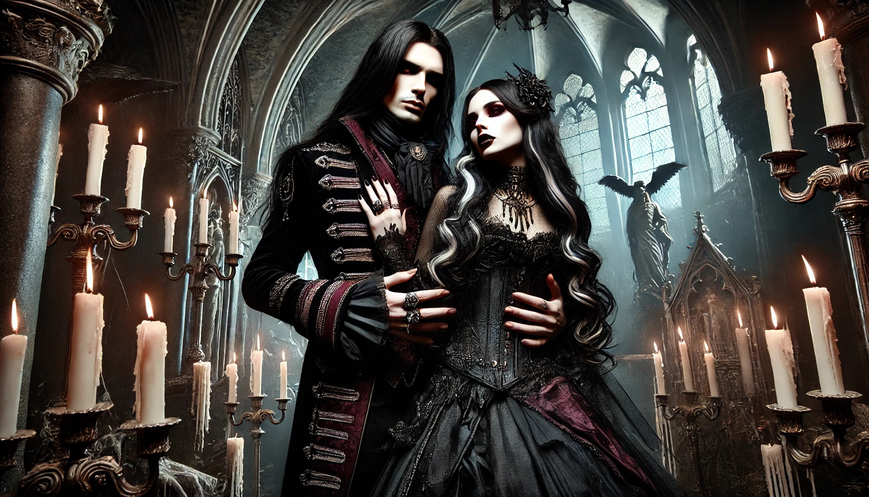 An even darker and more intense depiction of a gothic, vampiric couple in a candlelit cathedral, surrounded by gothic architecture, inspired by BlutEngel's song 'Bloody Pleasures'