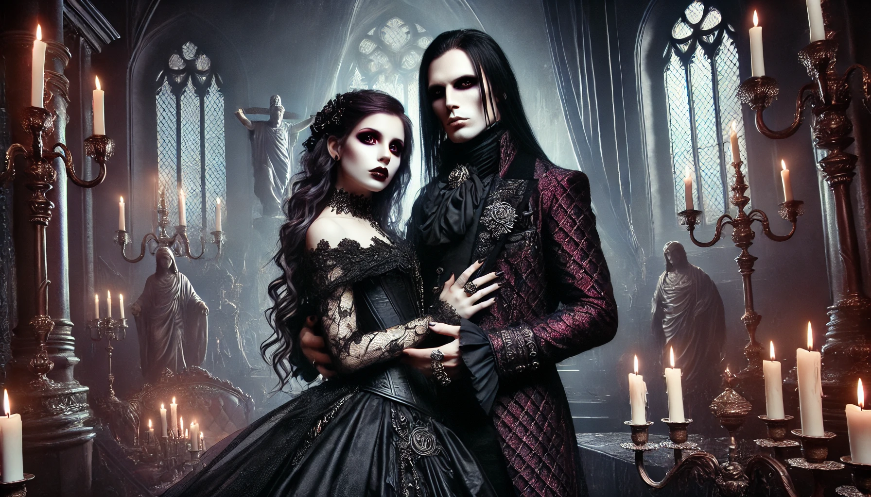 The darkest and most intense depiction of a gothic, vampiric couple in a candlelit cathedral, surrounded by gothic architecture, inspired by BlutEngel's song 'Bloody Pleasures'
