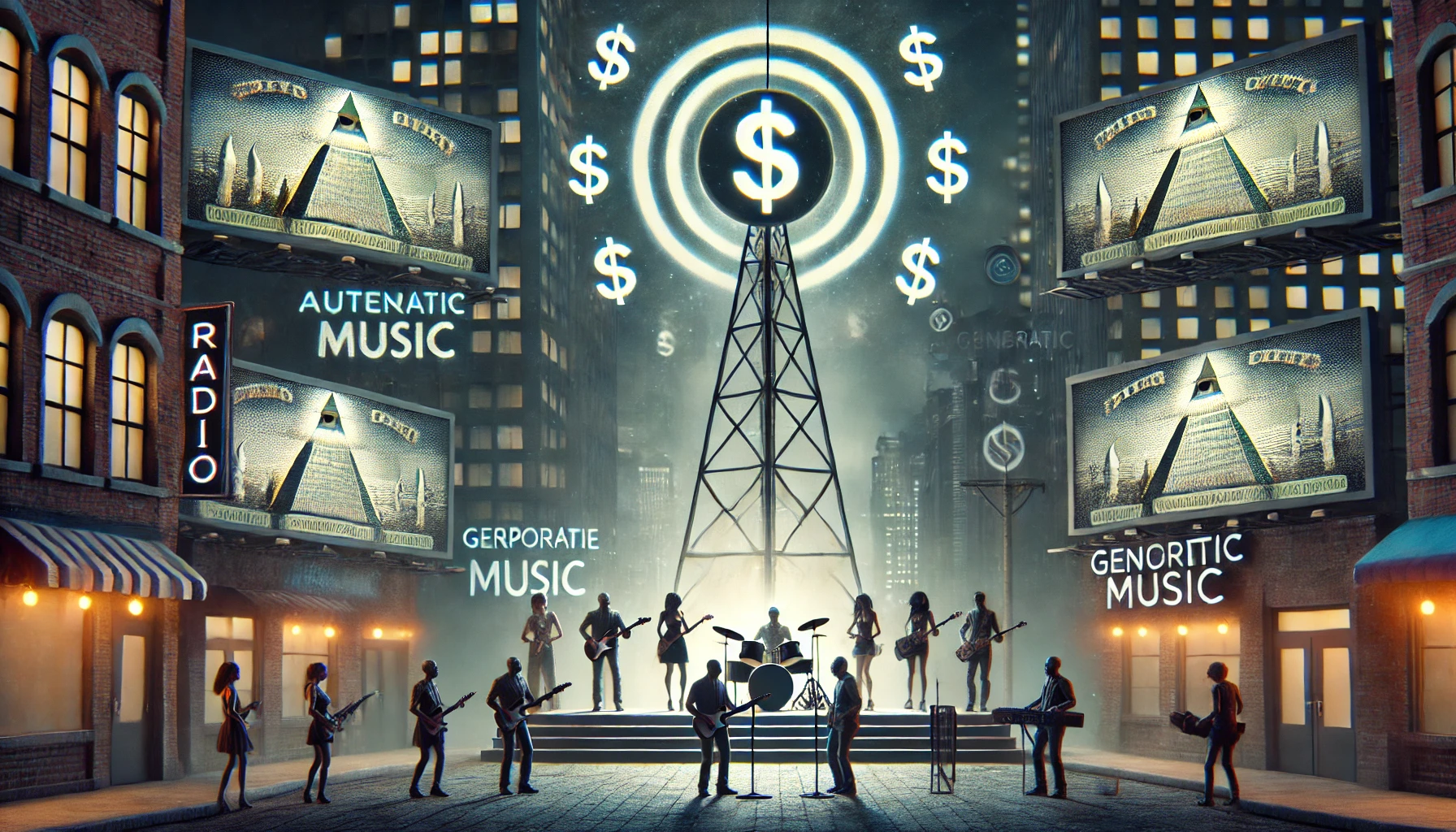 Corporate Rock Killed the Radio Star: A dystopian radio tower with corporate logos and dollar signs, overshadowing a small stage with diverse musicians playing instruments, set against a gloomy cityscape with billboards promoting generic music.