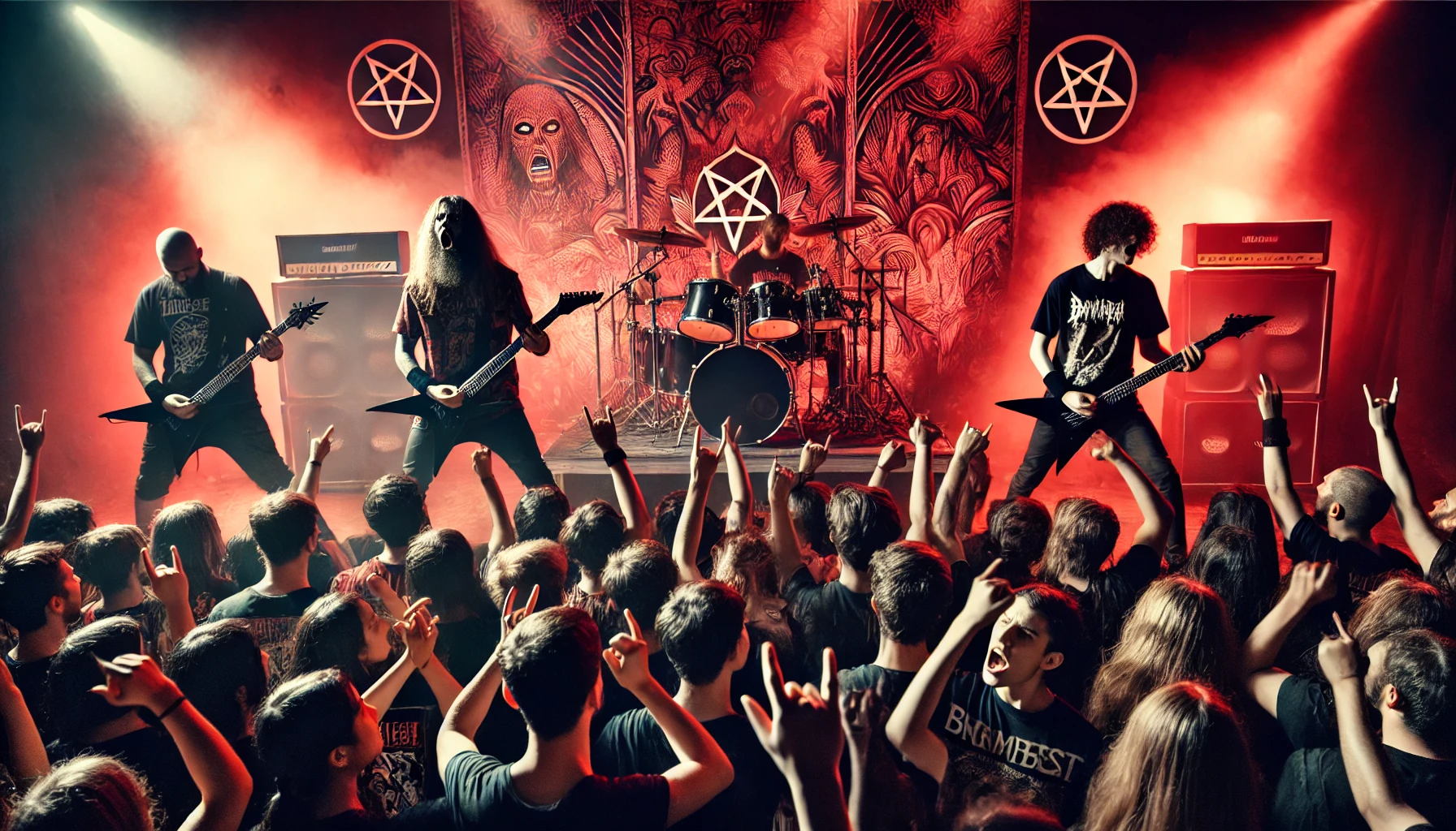 A powerful heavy metal concert scene with a fierce band performing on stage, surrounded by enthusiastic fans, with intense red lighting and dark shadows.