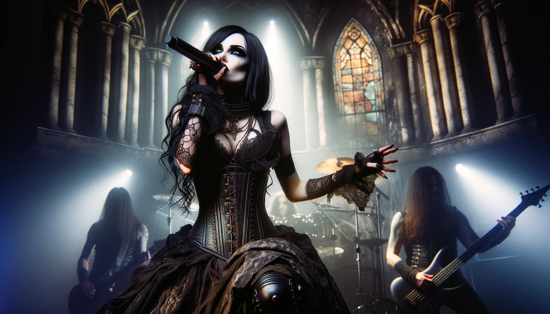 A striking gothic metal woman performing on stage, dressed in elaborate gothic attire with corsets, lace, and leather, set against a backdrop of gothic architecture.