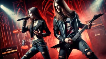 A powerful scene featuring a metalhead man and woman performing on stage together, both dressed in dark, edgy metal attire, with intense lighting and gothic background elements.