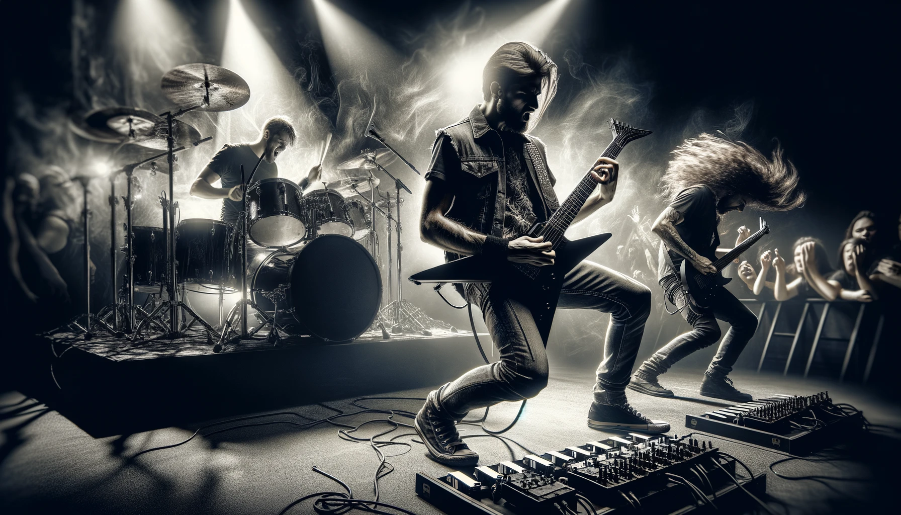 A dynamic and intense scene showcasing a metal band performing on stage with the guitarist playing an intricate solo, highlighting that metal requires musical mastery.