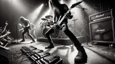 A powerful and energetic scene of a metal band performing on stage with the lead guitarist engaged in a complex solo, showcasing that metal requires musical mastery.