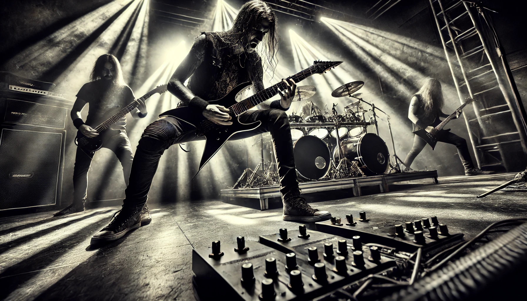 An electrifying and intense scene of a metal band performing live on stage with the lead guitarist engrossed in a complex solo, emphasizing that metal requires musical mastery.