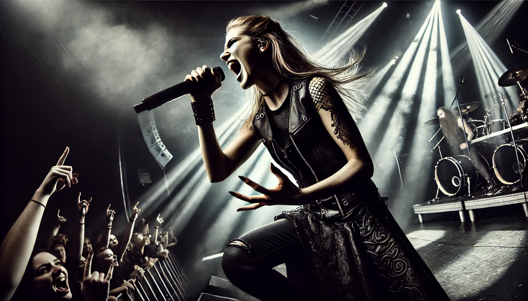 An electrifying scene featuring a female metal vocalist performing on stage, delivering powerful, intense vocals with fierce energy, proving that metal requires musical mastery.