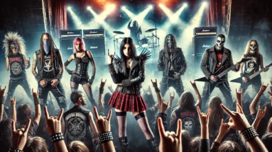 Individualism in the Metal Community: A dynamic image capturing the essence of individualism in the metal community, showing diverse metalheads at a concert, expressing unique styles with leather jackets, band t-shirts, and elaborate costumes, in front of a live band.