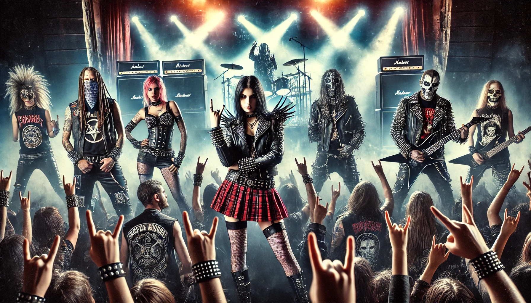 Individualism in the Metal Community: A dynamic image capturing the essence of individualism in the metal community, showing diverse metalheads at a concert, expressing unique styles with leather jackets, band t-shirts, and elaborate costumes, in front of a live band.