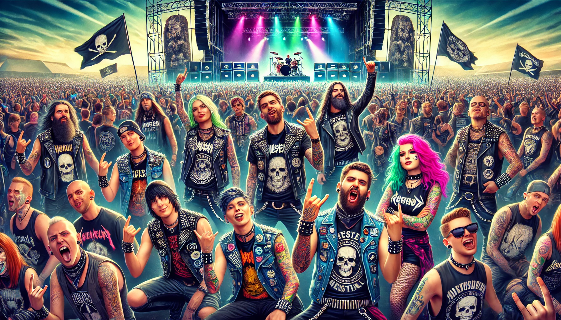 A vibrant scene showcasing the individuality and personal freedom in the metal community, with diverse metalheads at an outdoor festival, wearing leather jackets, band t-shirts, and tattoos, in front of a colorful stage with live music.