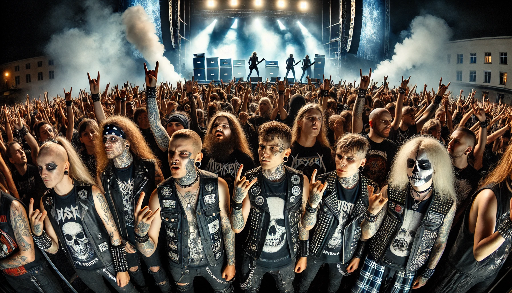 A powerful image of individualism in the metal community at a nighttime concert, featuring diverse metalheads dressed in unique styles with leather jackets, band t-shirts, and makeup, engaged in headbanging and raising fists.