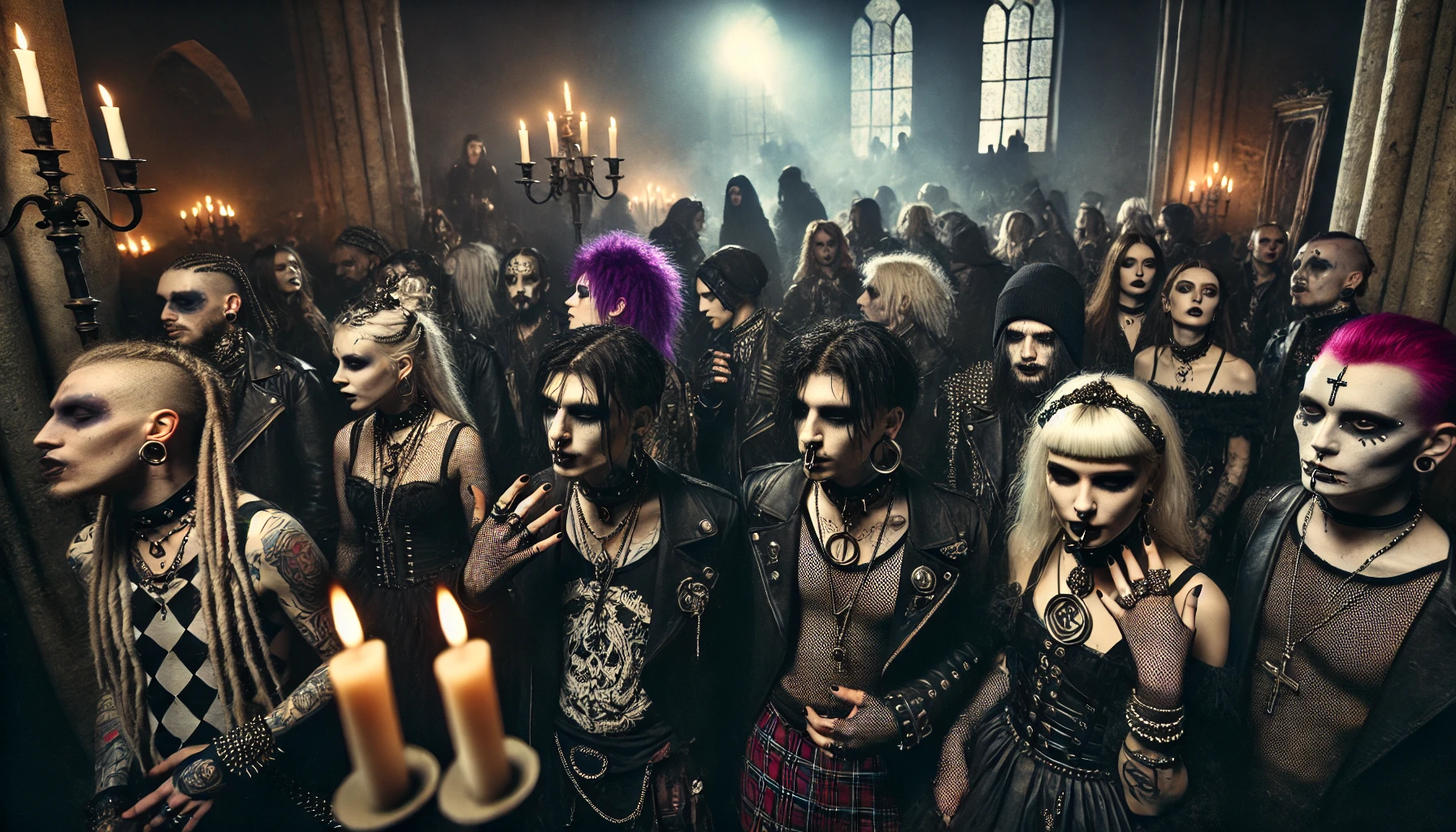 An atmospheric image showcasing individualism in the goth community at a nighttime gathering, with goths dressed in dark clothing, elaborate makeup, and accessories, in a gothic setting with dim lighting and candles.