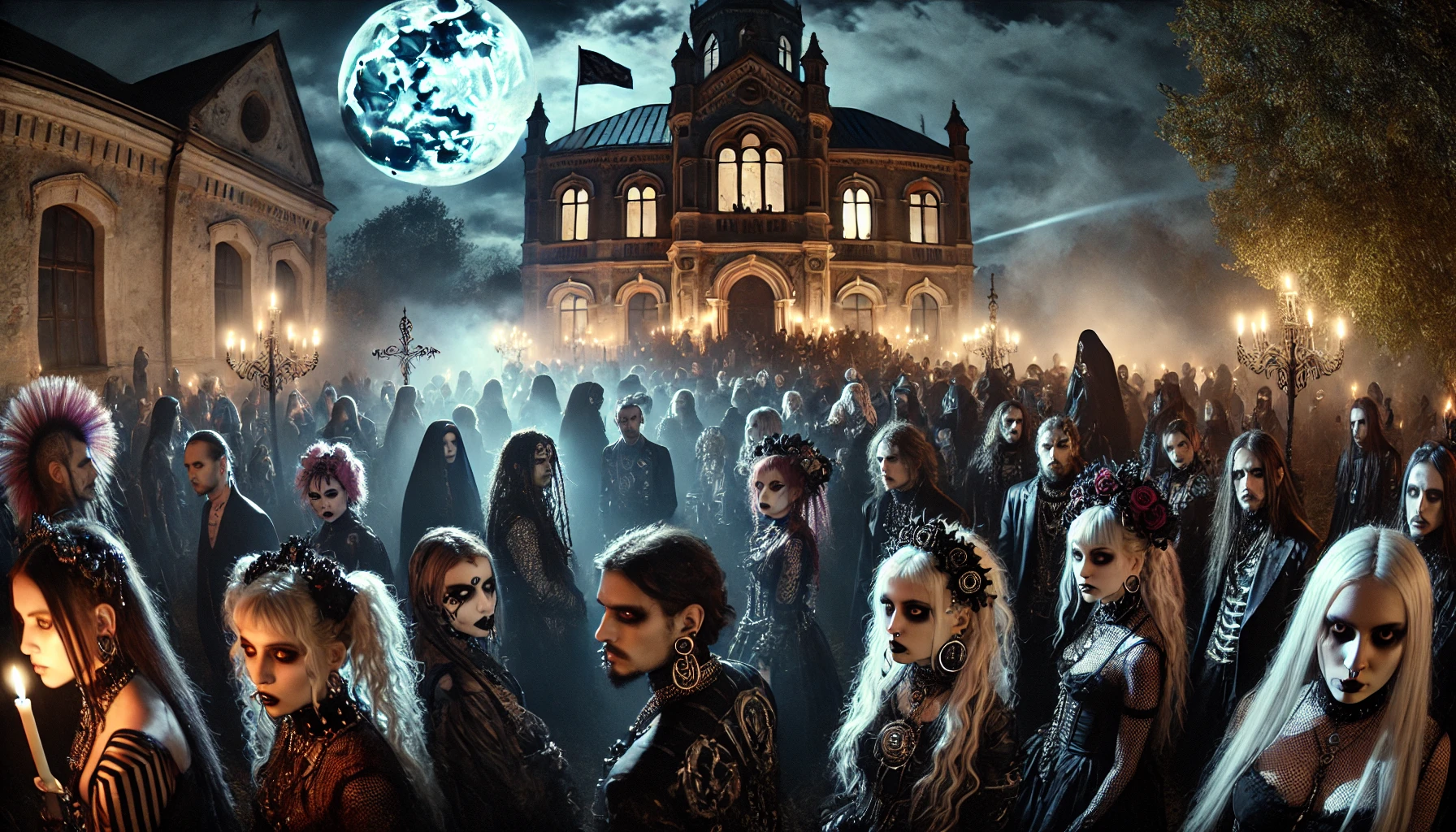 A dramatic scene capturing the essence of individualism in the goth community during a nighttime event, with diverse goths dressed in dark fashion, makeup, and accessories, against a backdrop of a grand gothic building and eerie mist.