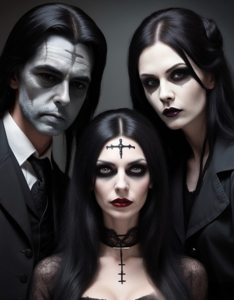 Gothic trio featuring an evil gothic doctor with white face paint, a dark-haired woman with cross face paint, and another dark-haired woman, all in black gothic attire.
