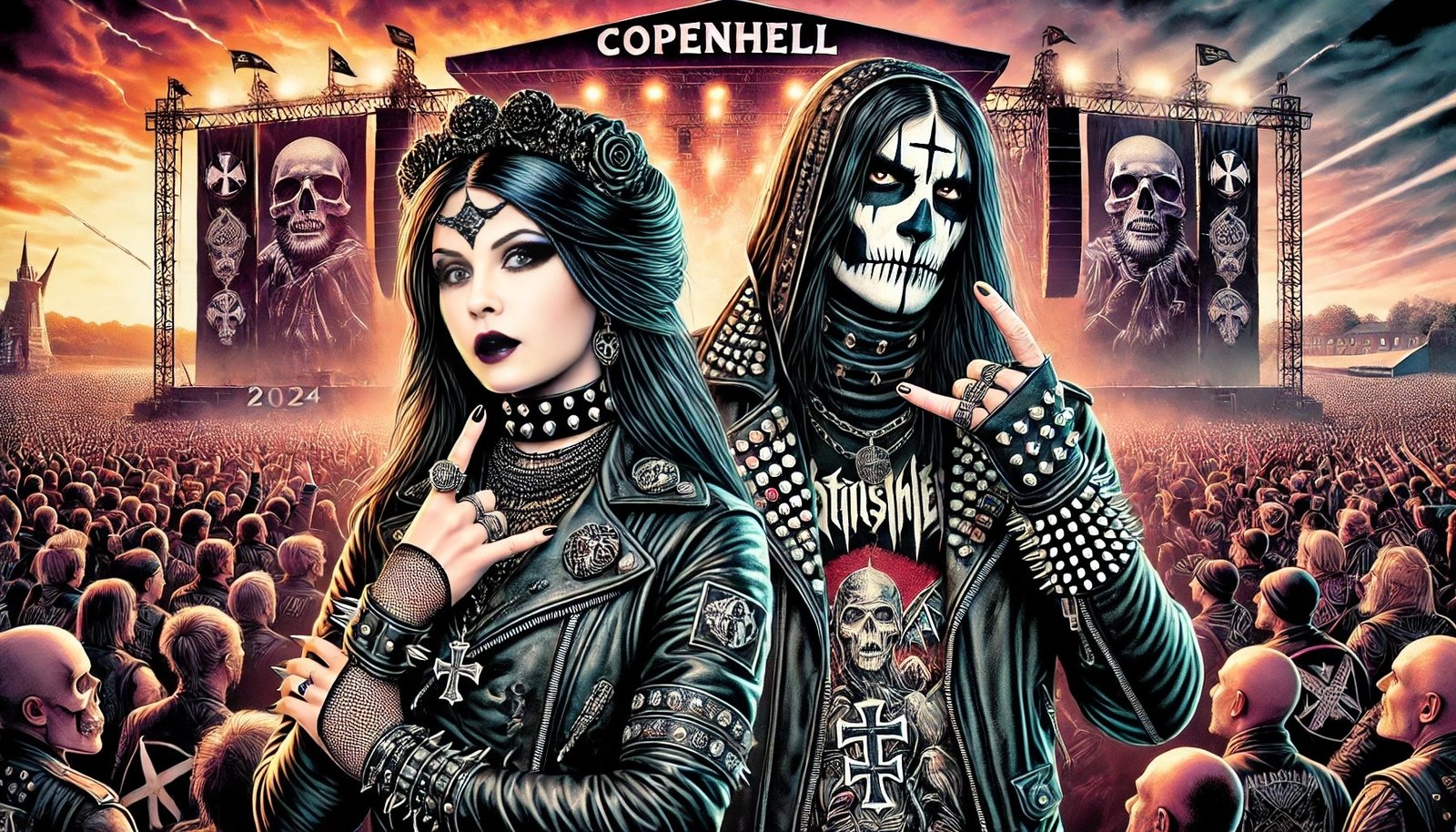 Two metalheads, one with skull face paint and the other with gothic makeup, pose in front of a large crowd at Copenhell 2024 festival with dramatic sunset and stage in the background.