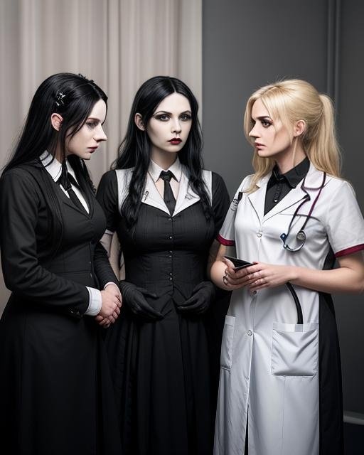 A group of gothic doctors in black and white outfits discuss a patient’s case in a clinical environment.