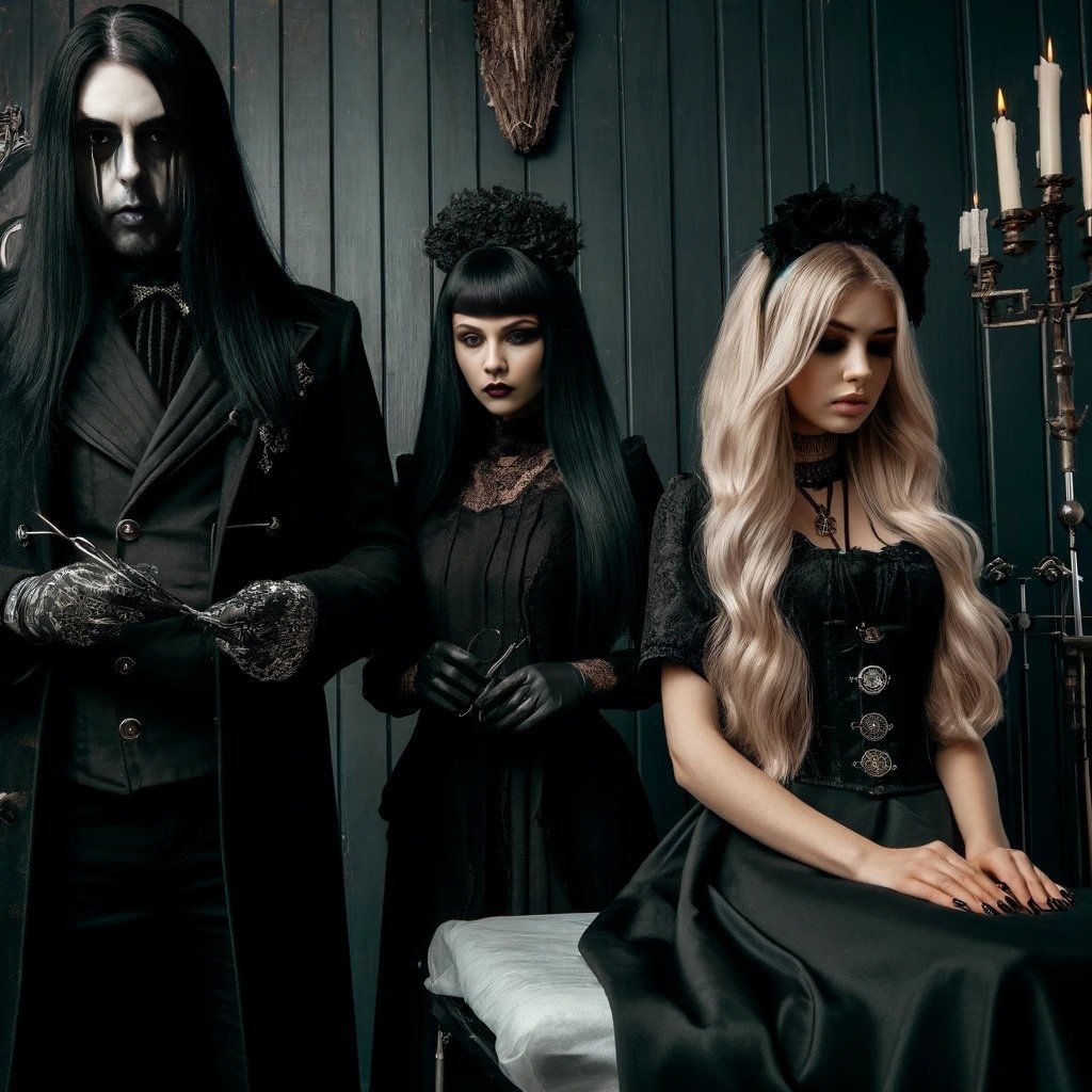 Evil gothic doctor in a dark medical outfit, with another gothic doctor in a black mask and a young blonde woman in a hospital gown, in a dimly lit medical setting.