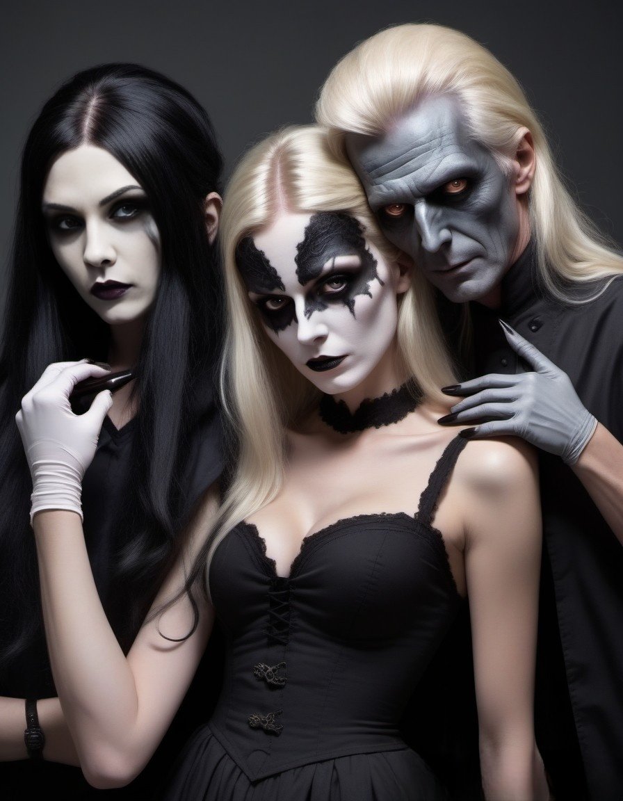 Gothic trio with black and blonde hair; a dark-haired man with white face paint, a blonde woman with black face paint, and another dark-haired woman dressed in black gothic attire.