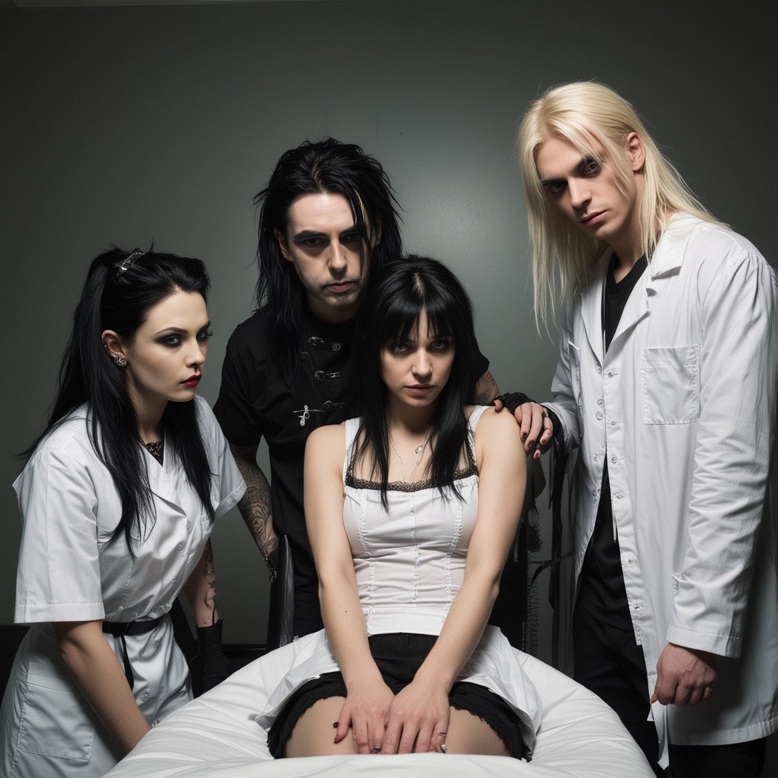 Group of four gothic individuals, including an evil gothic doctor in white coat, a dark-haired man in black, and two dark-haired women, one seated on a hospital bed.