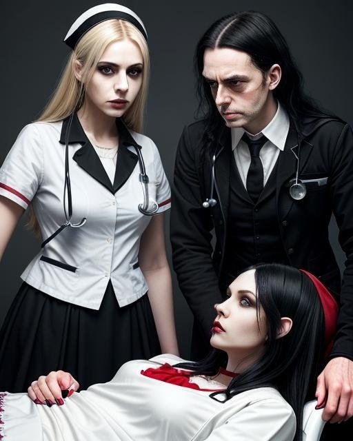 A group of gothic doctors in black and white outfits discuss a patient’s case in a clinical environment.