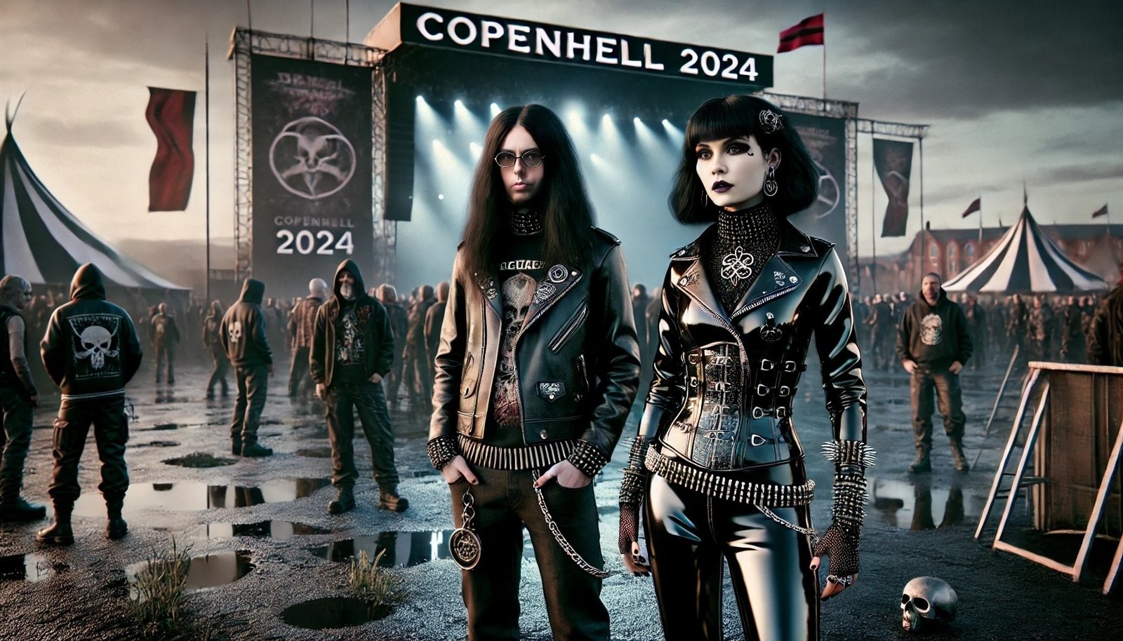 Two goth individuals, dressed in leather and adorned with spikes, stand in a wet festival ground at Copenhell 2024, with a gloomy sky and the festival stage in the background.