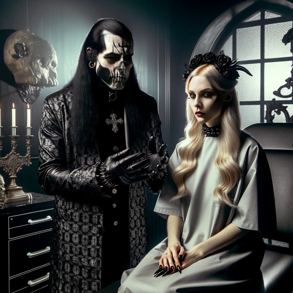 Evil gothic doctor in a dark coat, adjusting medical equipment with a young blonde woman in a black dress, in a gothic-style medical room with vintage equipment.