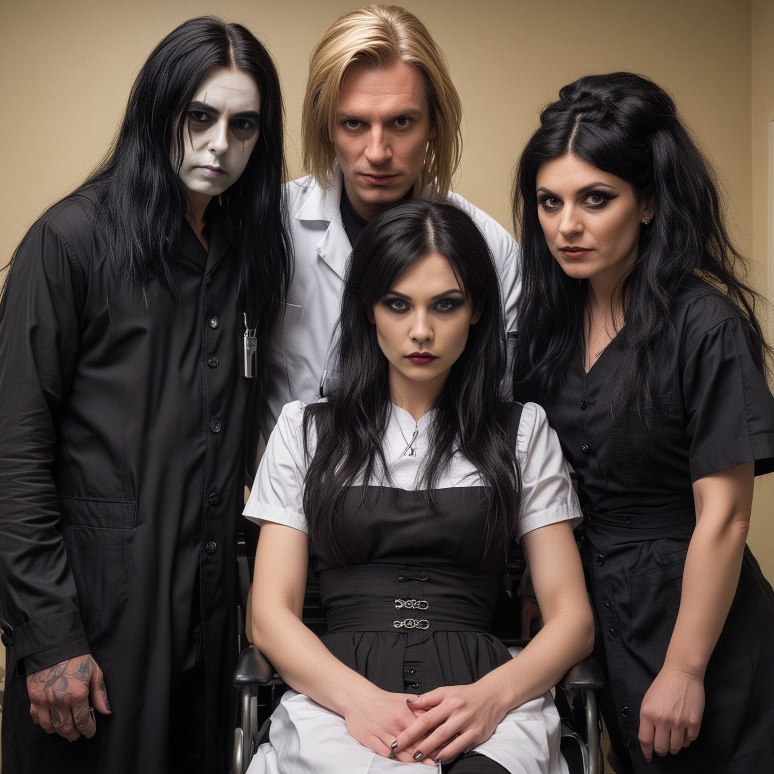 Group of four gothic individuals; two dark-haired men with pale makeup, and two dark-haired women, one seated, all dressed in gothic-themed clothing.