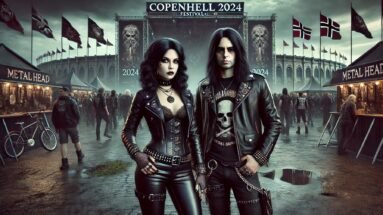 A pair of metalheads, dressed in black leather and chains, stand in front of Copenhell 2024 festival grounds, with merchandise stalls and flags visible under a cloudy sky.