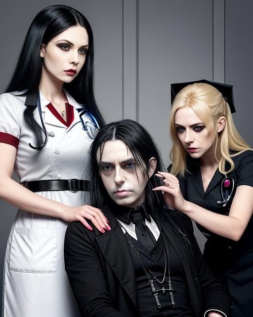 Two gothic doctors, one blonde and one with dark hair, attending to a patient lying on a medical chair.