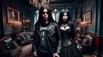 Gothic couple in an opulent room, their bond deepening amidst the shadows of "50 Shades of Black."