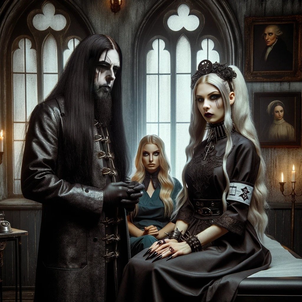 Evil gothic doctor in a dark leather coat with long black hair, standing beside two gothic women, one with long silver hair and the other with blonde hair, in a dimly lit room with gothic decor.