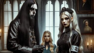 Evil gothic doctor: Gothic scene featuring a dark-haired man in black leather and two women dressed in gothic attire with pale makeup, standing in a dimly lit room with arched windows and old portraits on the walls.