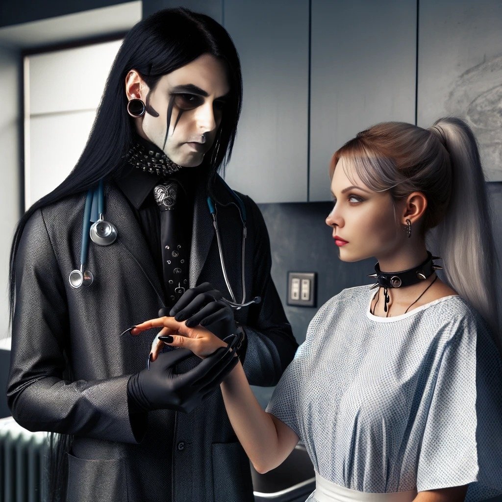 Evil gothic doctor in a dark suit with long black hair and a stethoscope, holding the hand of a young woman with light hair in a hospital gown, both with intense expressions.