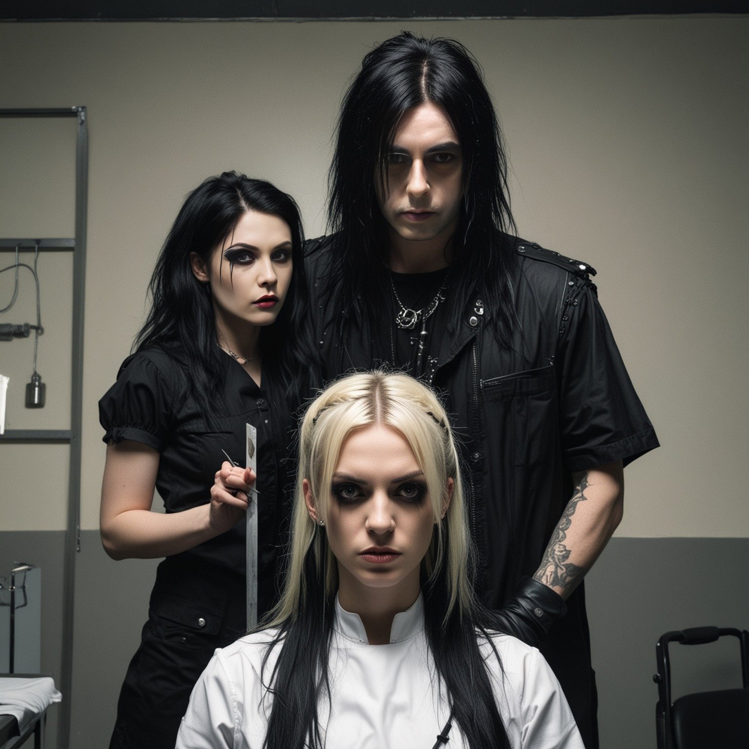Gothic trio in a medical setting; a dark-haired woman holding a scalpel, a blonde woman seated in a white coat, and a dark-haired man in black, all with intense expressions.